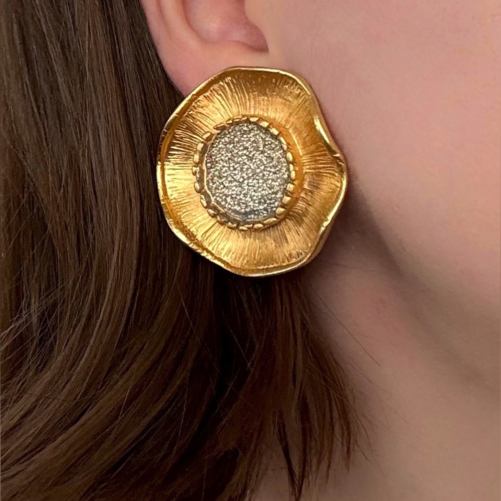 Vintage Flower Statement Piece Chunky Clip On Earrings Old Money Mixed Metal